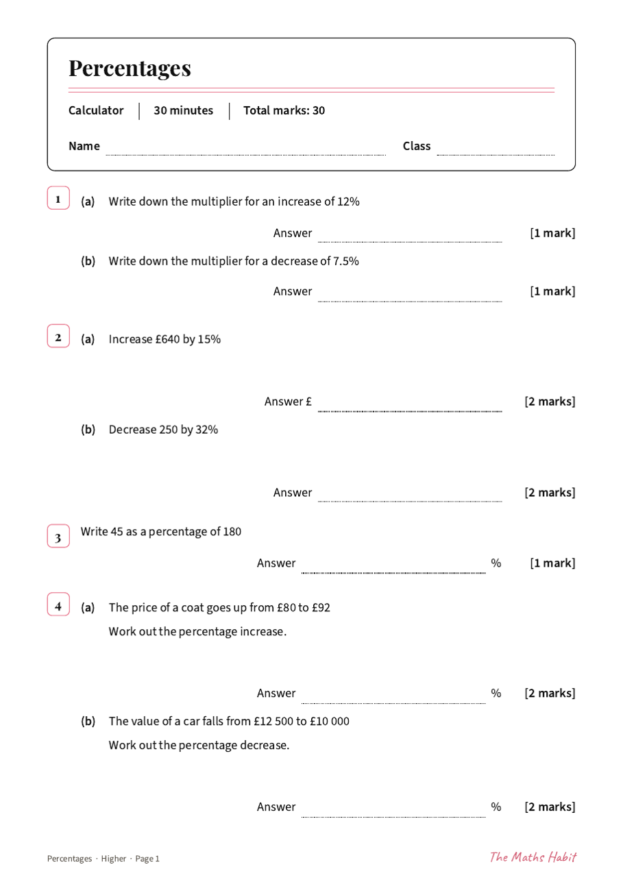 Percentages test: Higher, first page