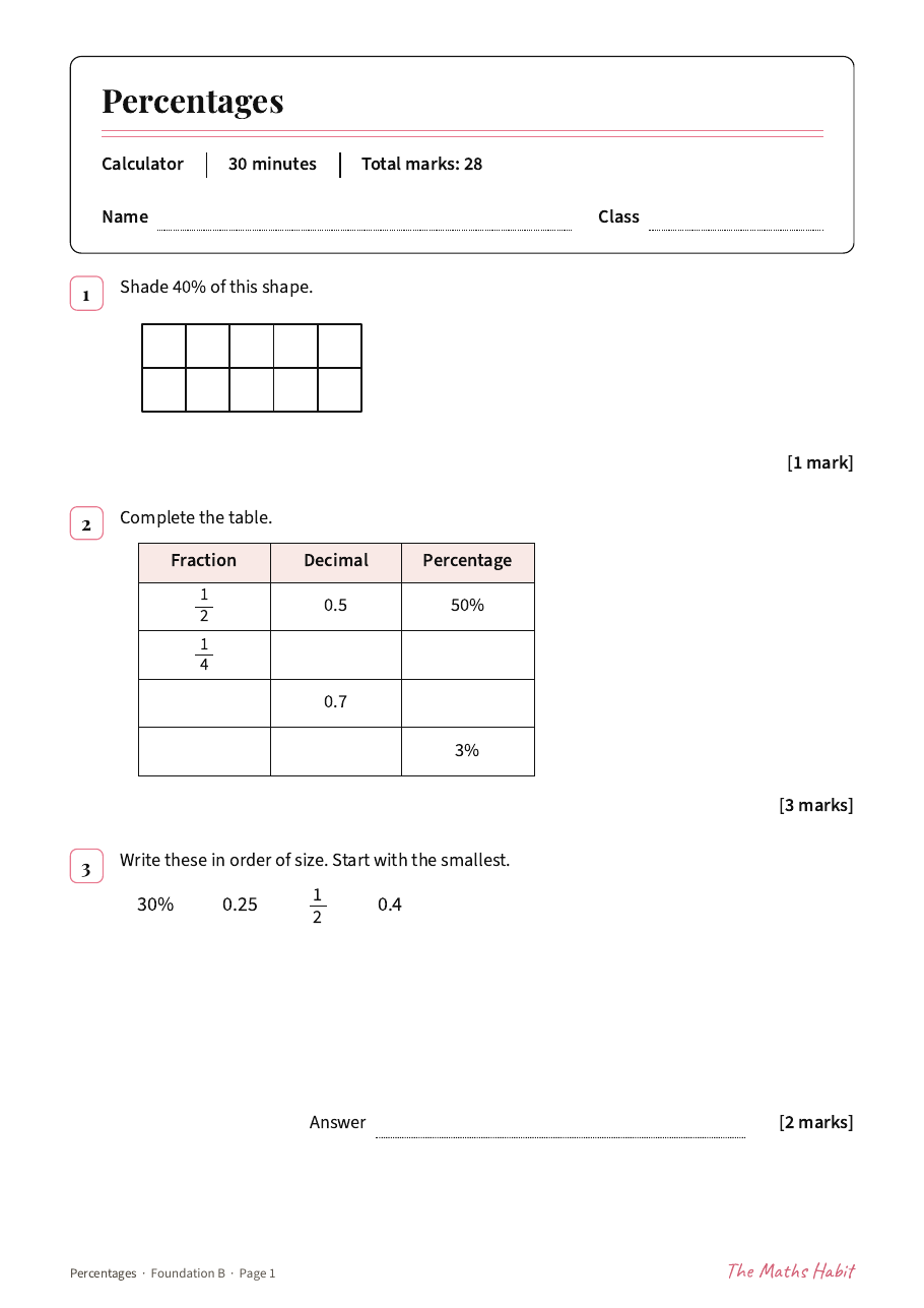 Percentages test: Foundation B, first page