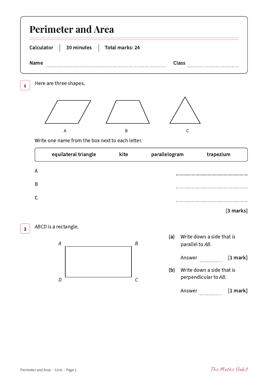 Perimeter and area test: Core, first page