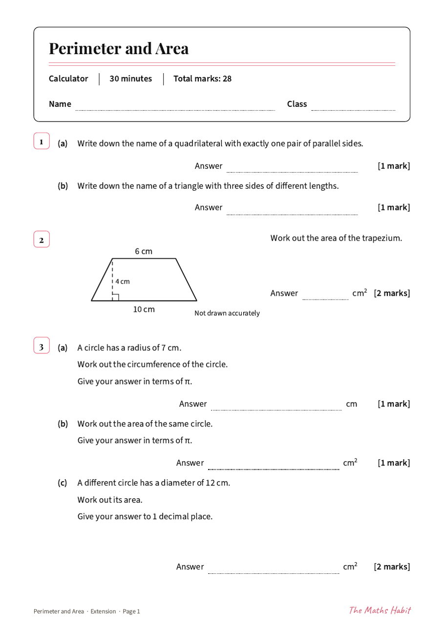 Perimeter and area test: Extension, first page