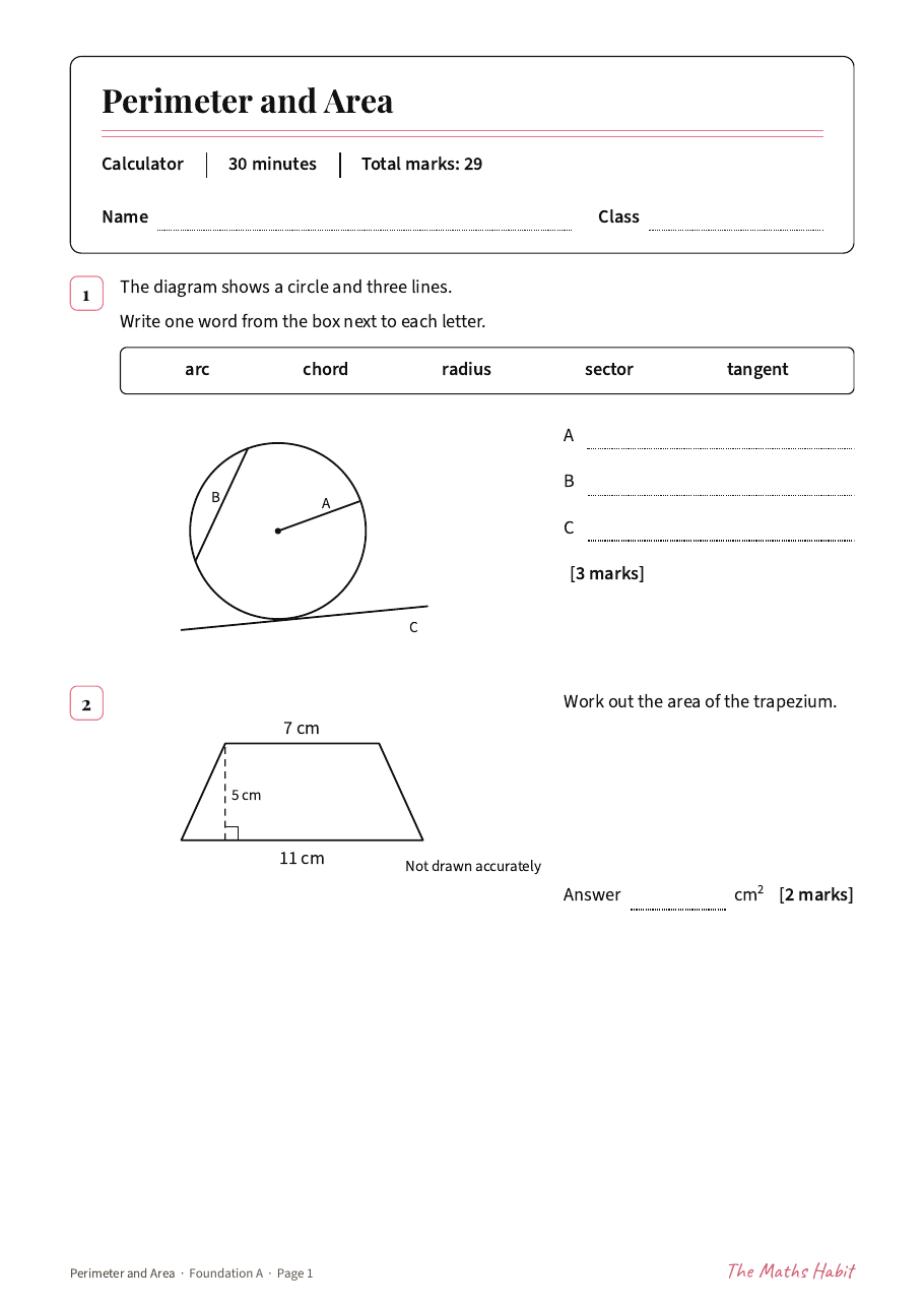 Perimeter and area test: Foundation A, first page