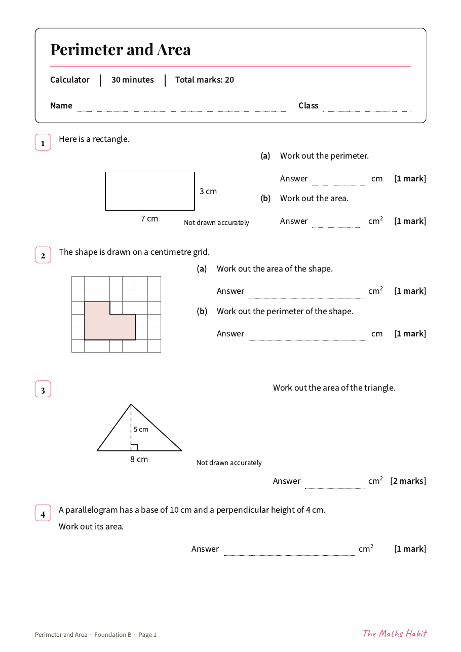 Perimeter and area test: Foundation B, first page