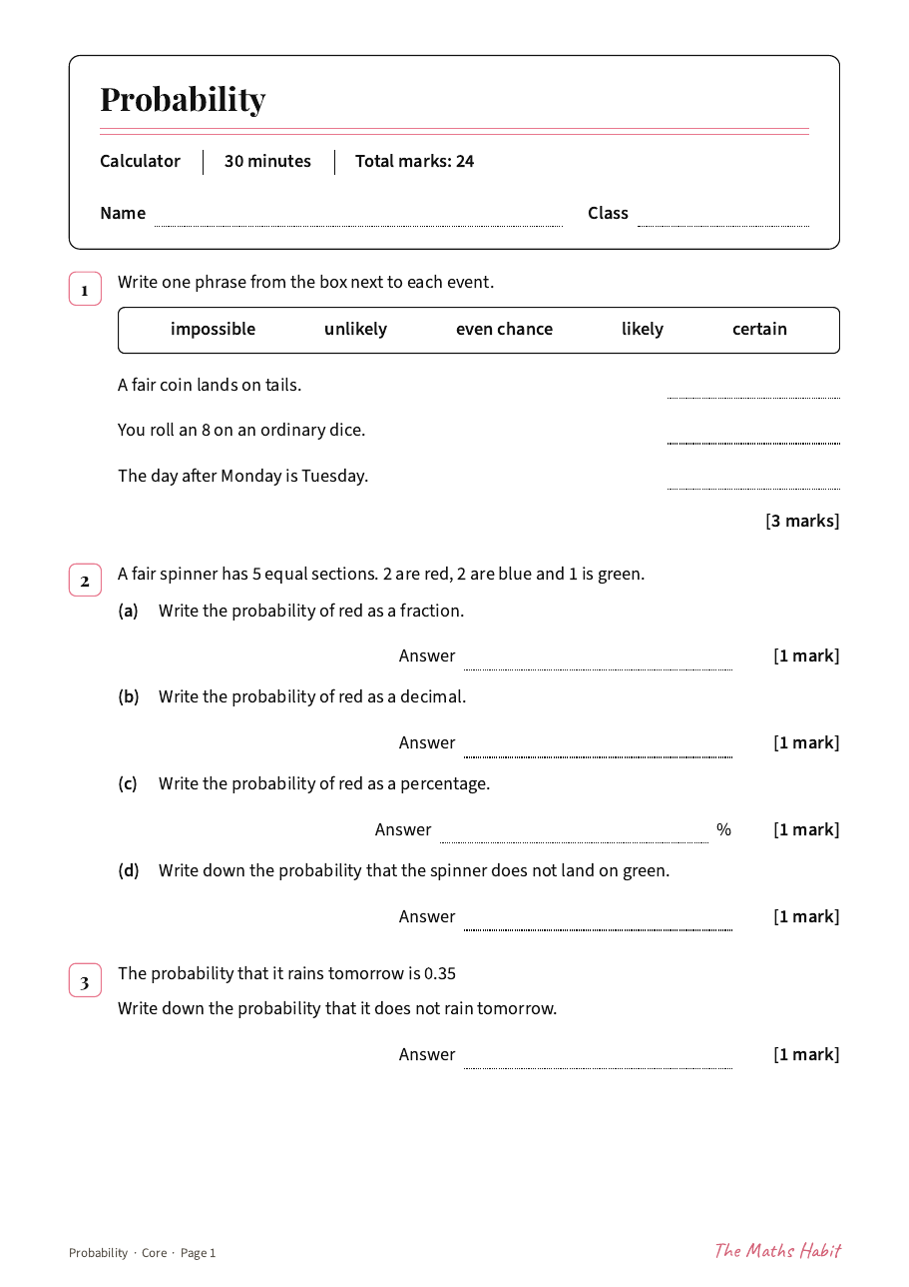 Probability test: Core, first page