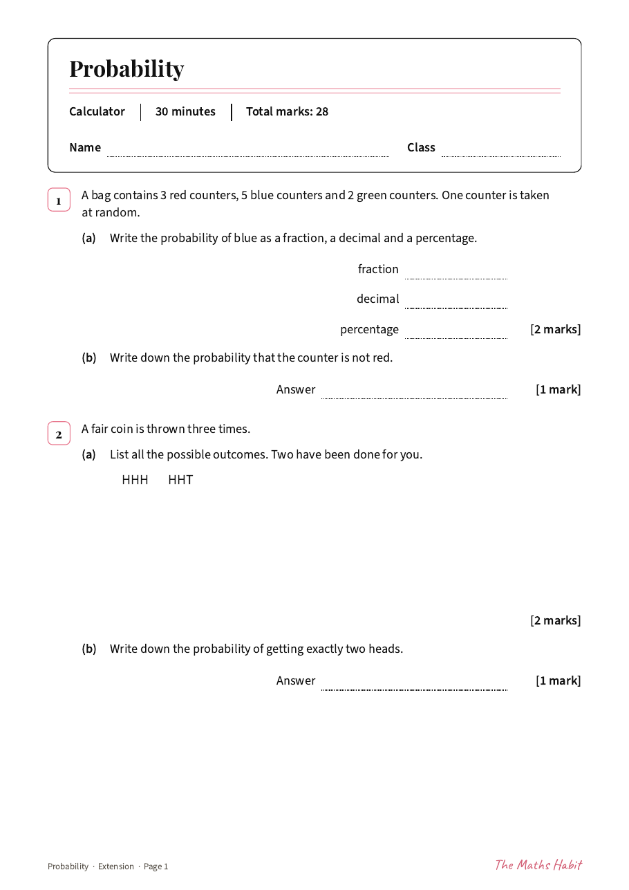 Probability test: Extension, first page