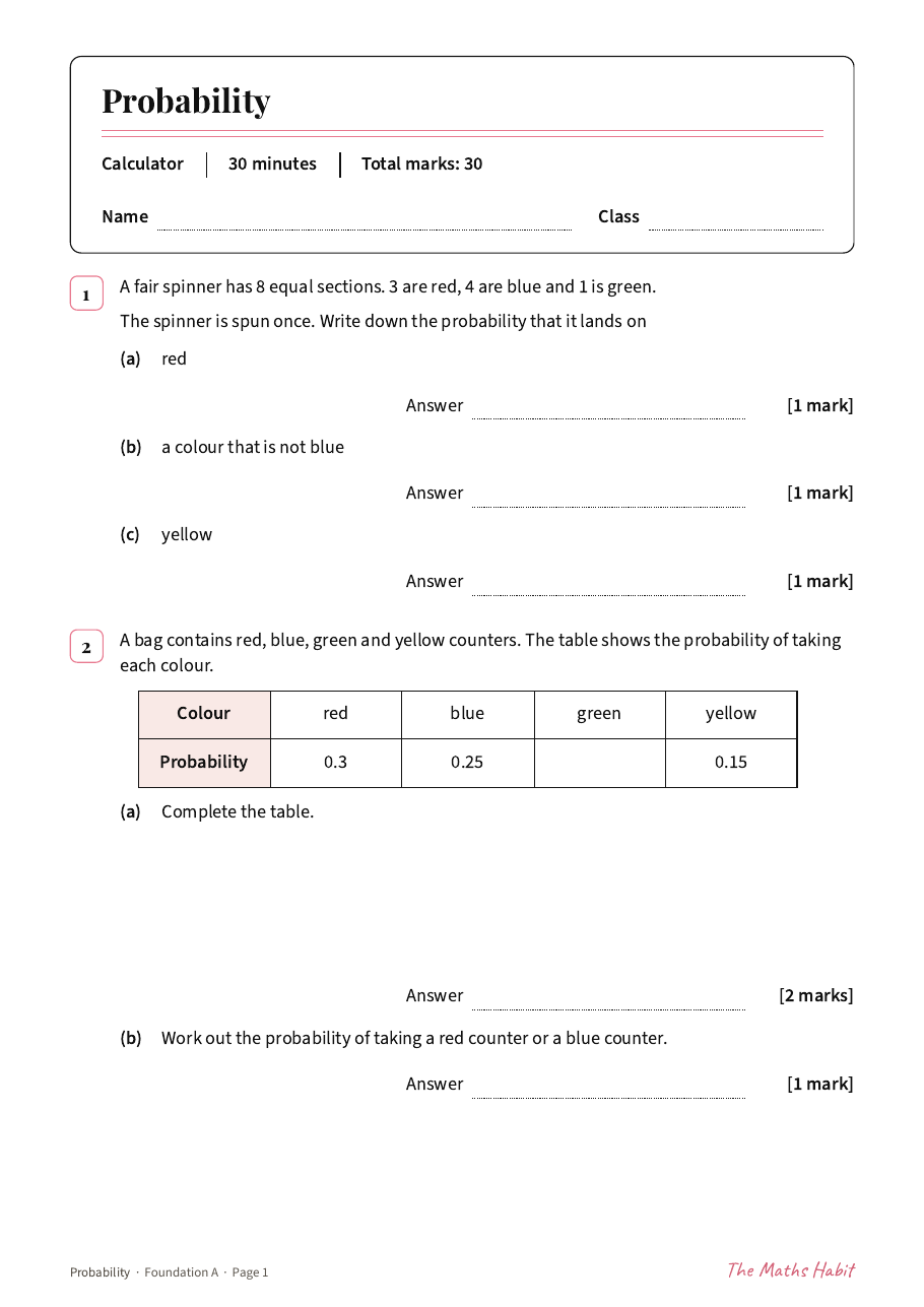 Probability test: Foundation A, first page