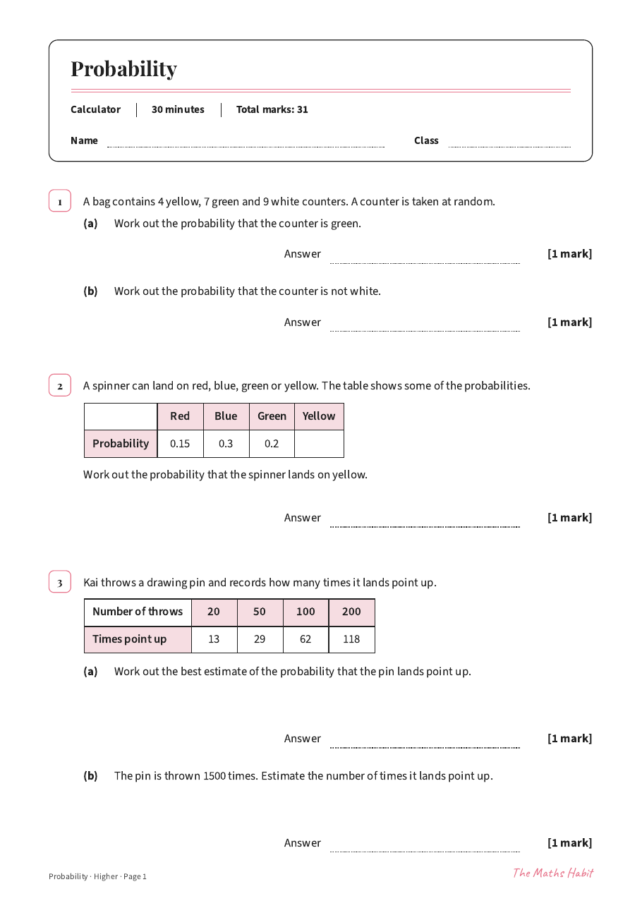 Probability test: Higher, first page