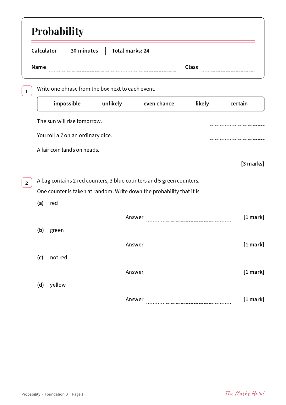 Probability test: Foundation B, first page