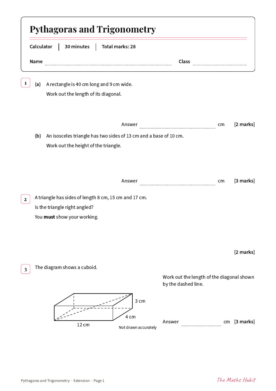 Pythagoras and trigonometry test: Extension, first page