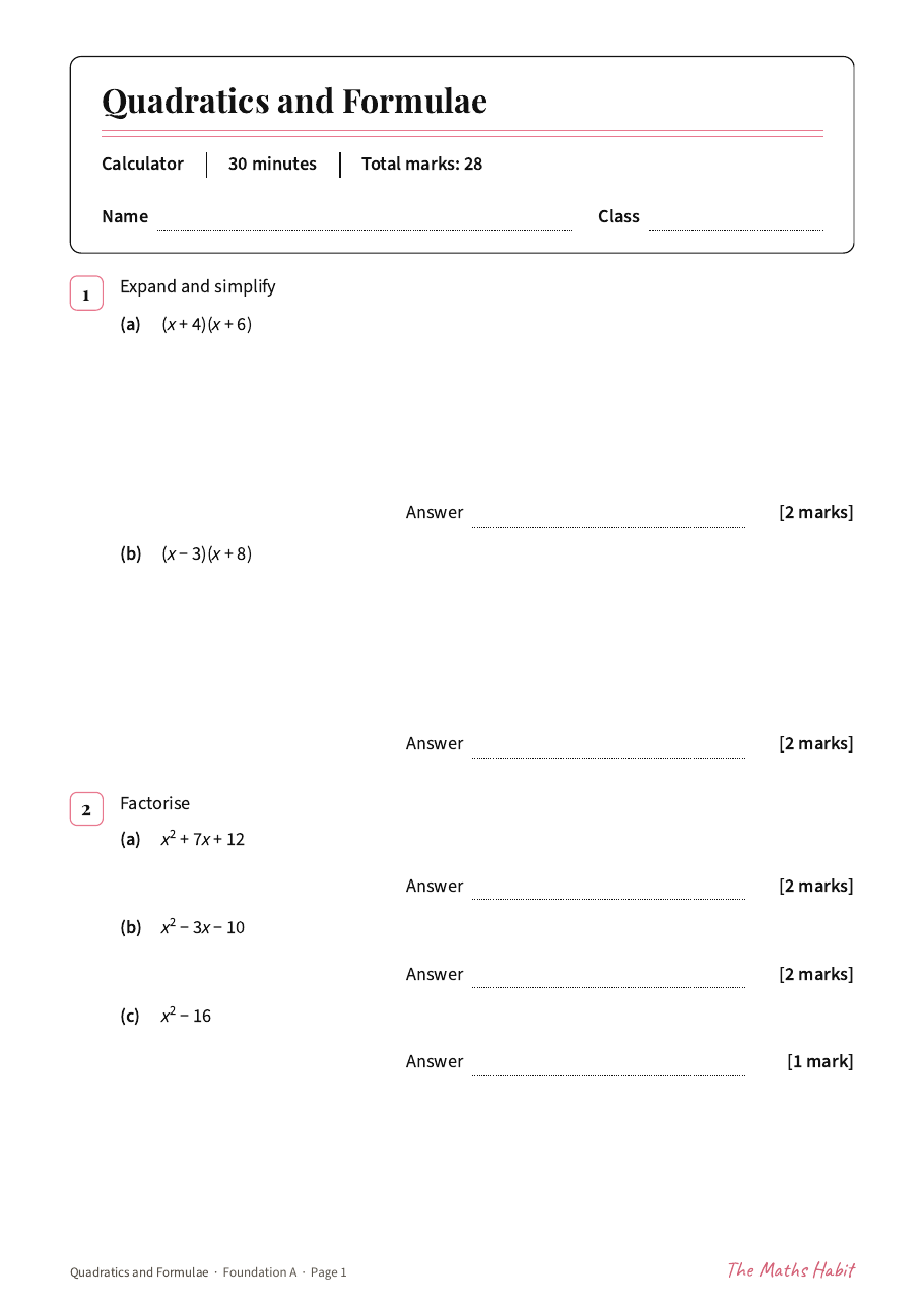 Quadratics and formulae test: Foundation A, first page