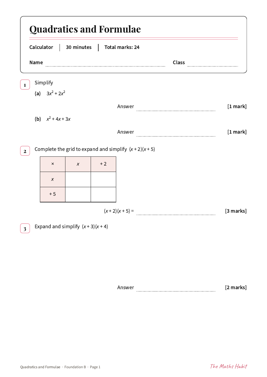 Quadratics and formulae test: Foundation B, first page