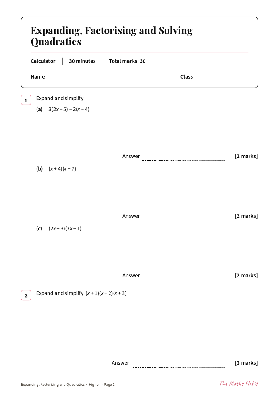 Expanding, factorising and quadratics test: Higher, first page