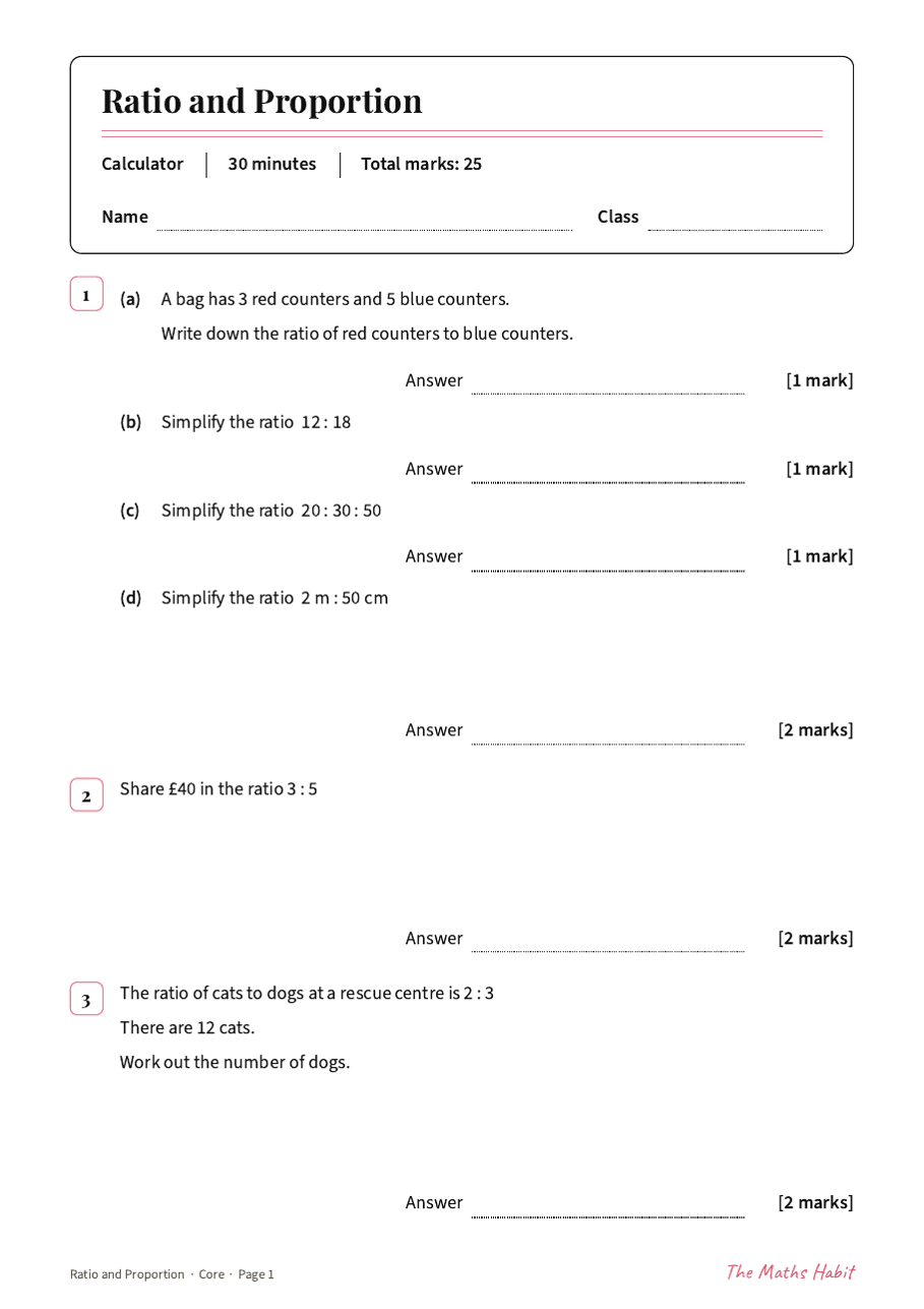 Ratio and proportion test: Core, first page