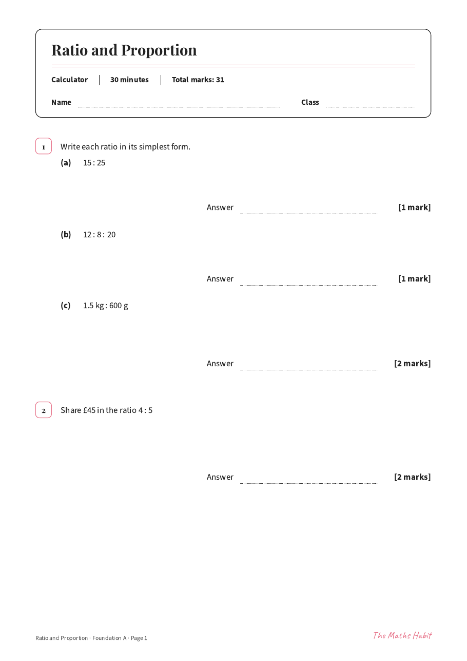 Ratio and proportion test: Foundation A, first page