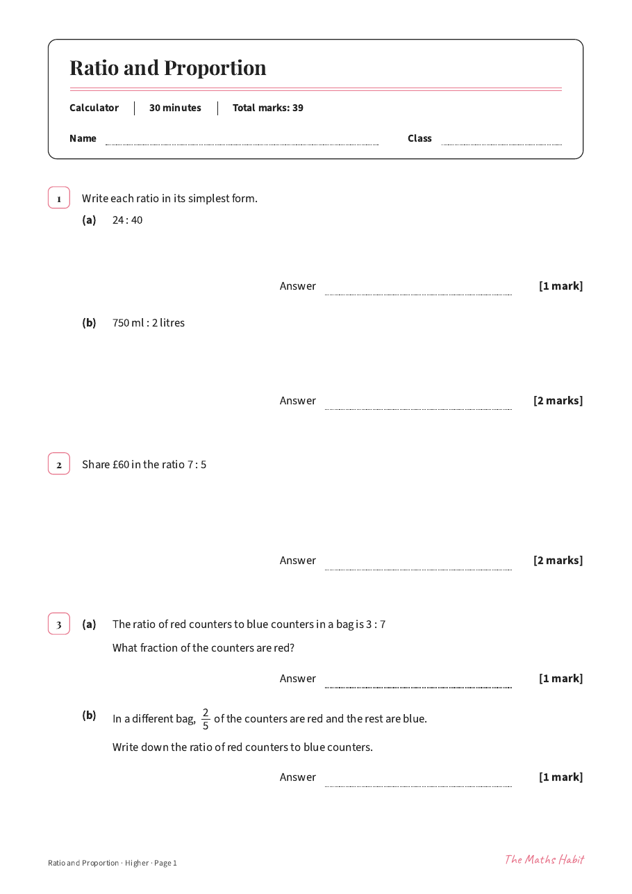 Ratio and proportion test: Higher, first page
