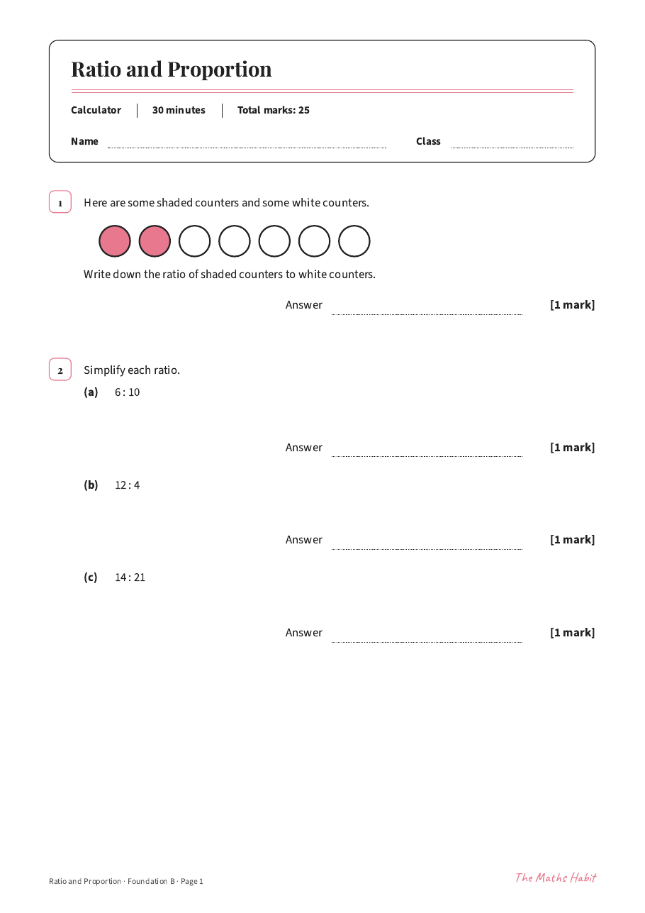 Ratio and proportion test: Foundation B, first page