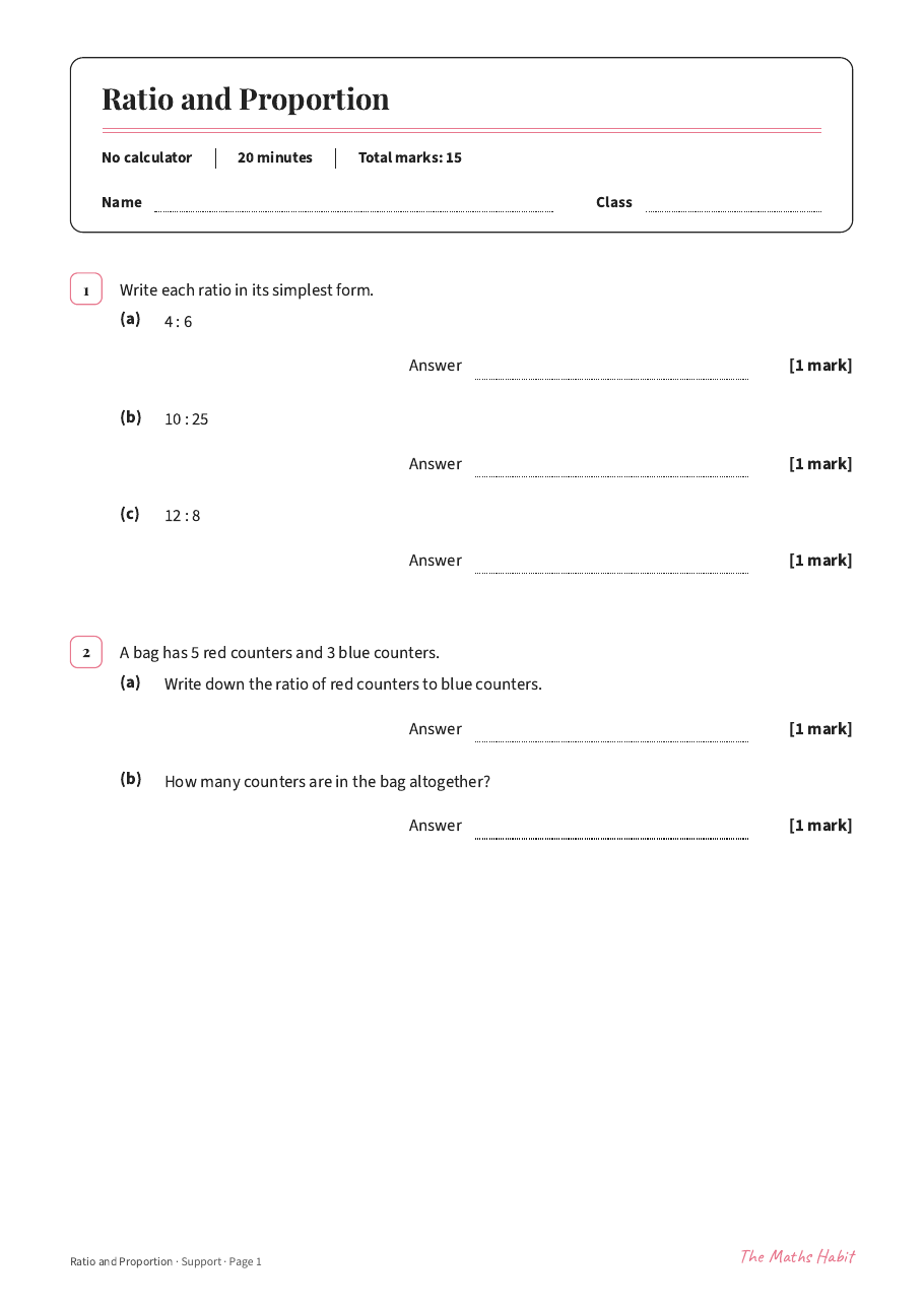Ratio and proportion test: Support, first page