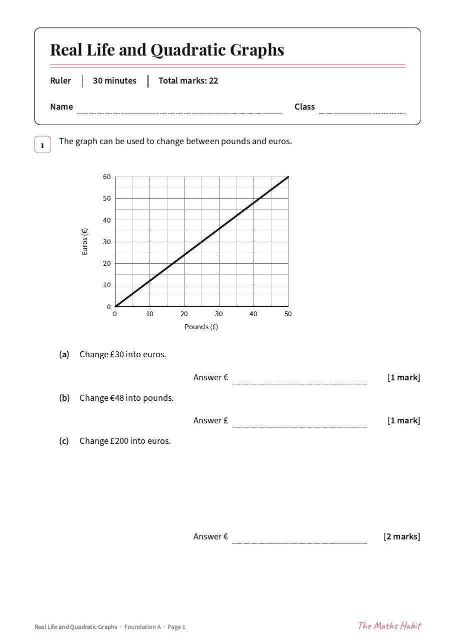 Real life and quadratic graphs test: Foundation A, first page