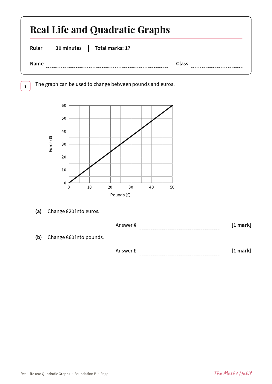 Real life and quadratic graphs test: Foundation B, first page