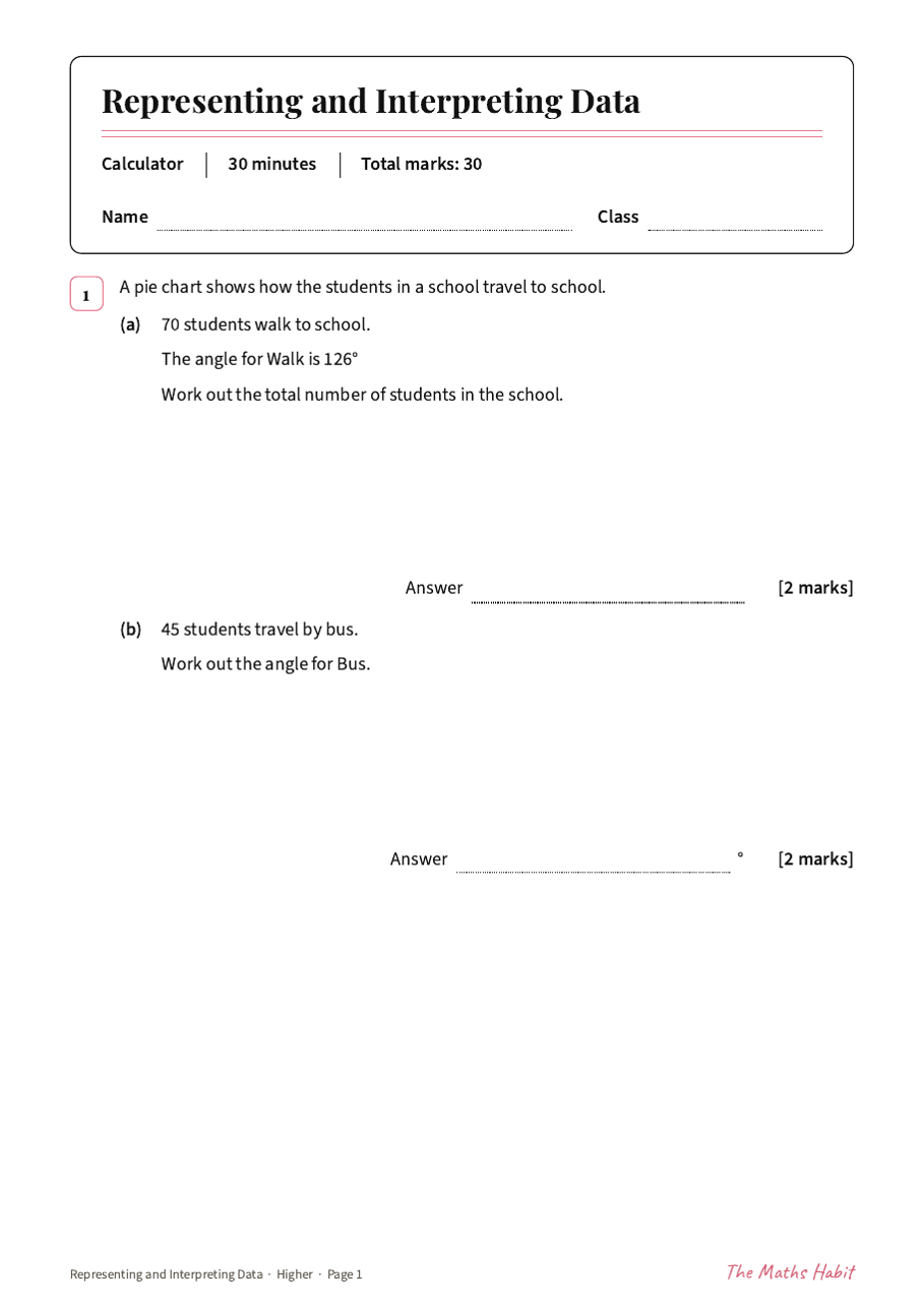 Representing and interpreting data test: Higher, first page