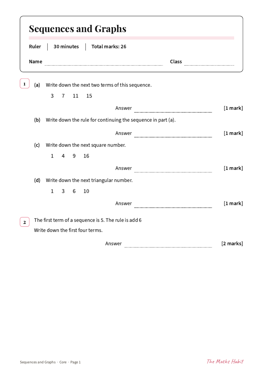 Sequences and graphs test: Core, first page