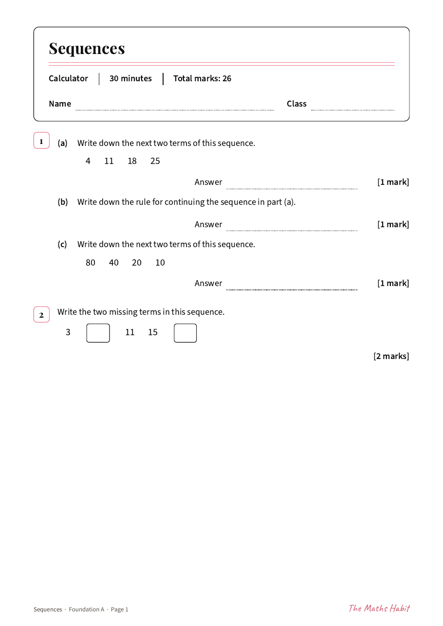 Sequences test: Foundation A, first page