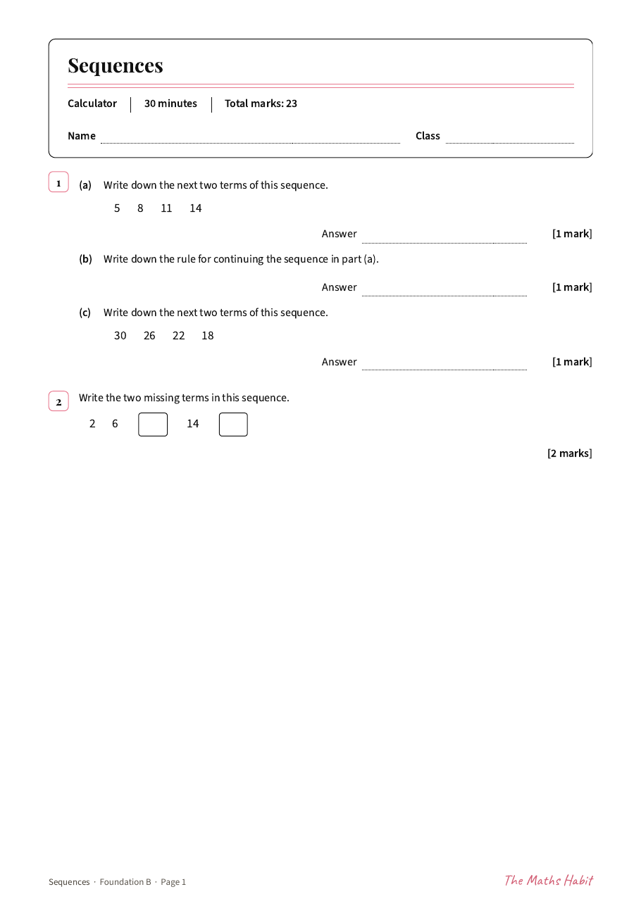 Sequences test: Foundation B, first page