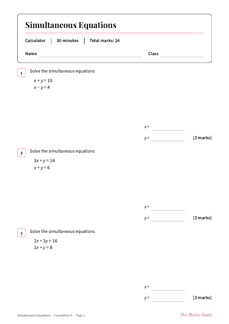 Simultaneous equations test: Foundation A, first page