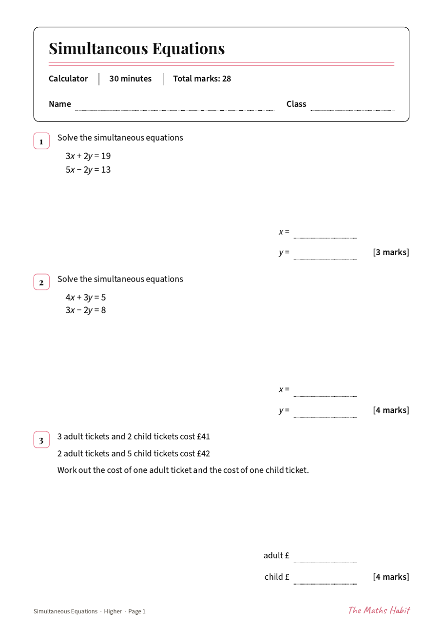 Simultaneous equations test: Higher, first page