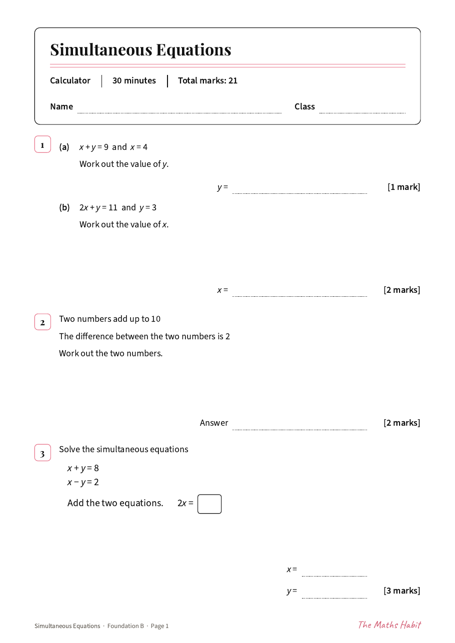 Simultaneous equations test: Foundation B, first page