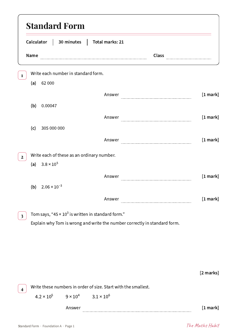 Standard form test: Foundation A, first page