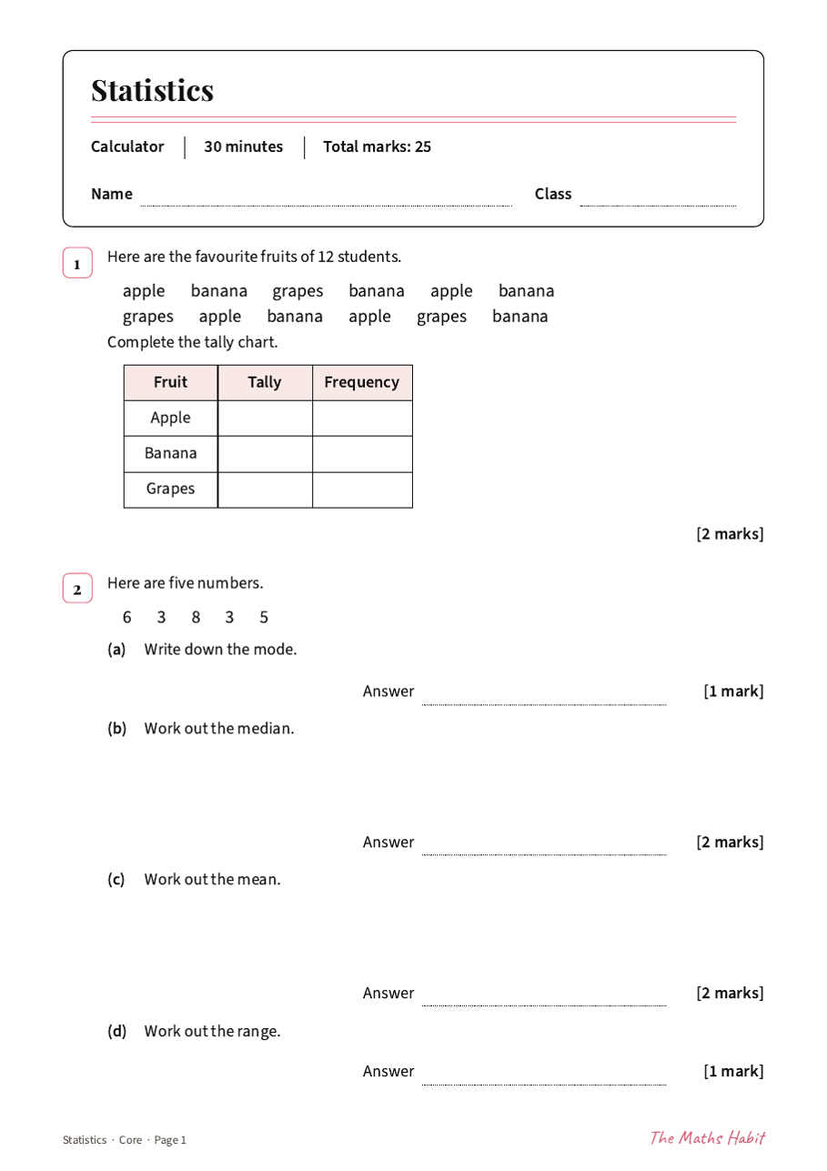 Statistics test: Core, first page