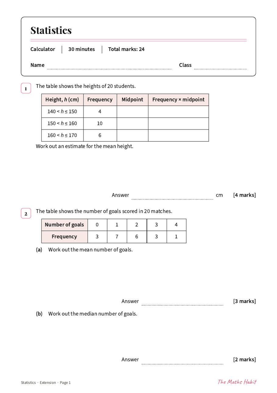 Statistics test: Extension, first page