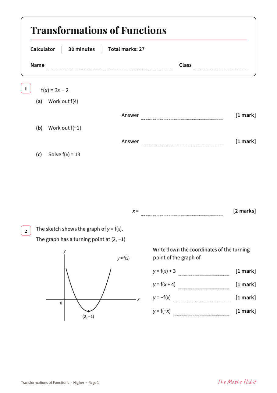 Transformations of functions test: Higher, first page