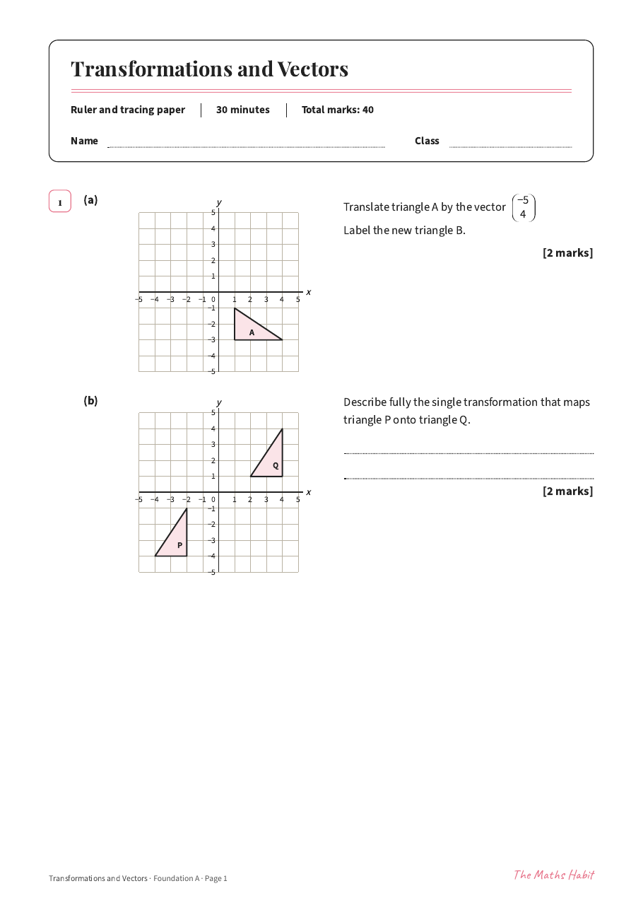Transformations and vectors test: Foundation A, first page