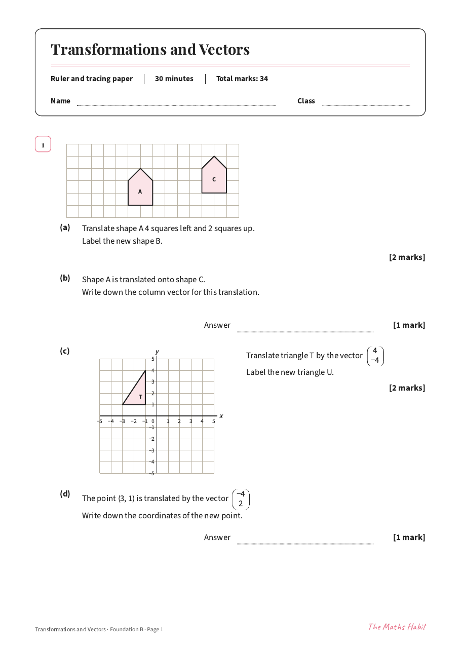 Transformations and vectors test: Foundation B, first page