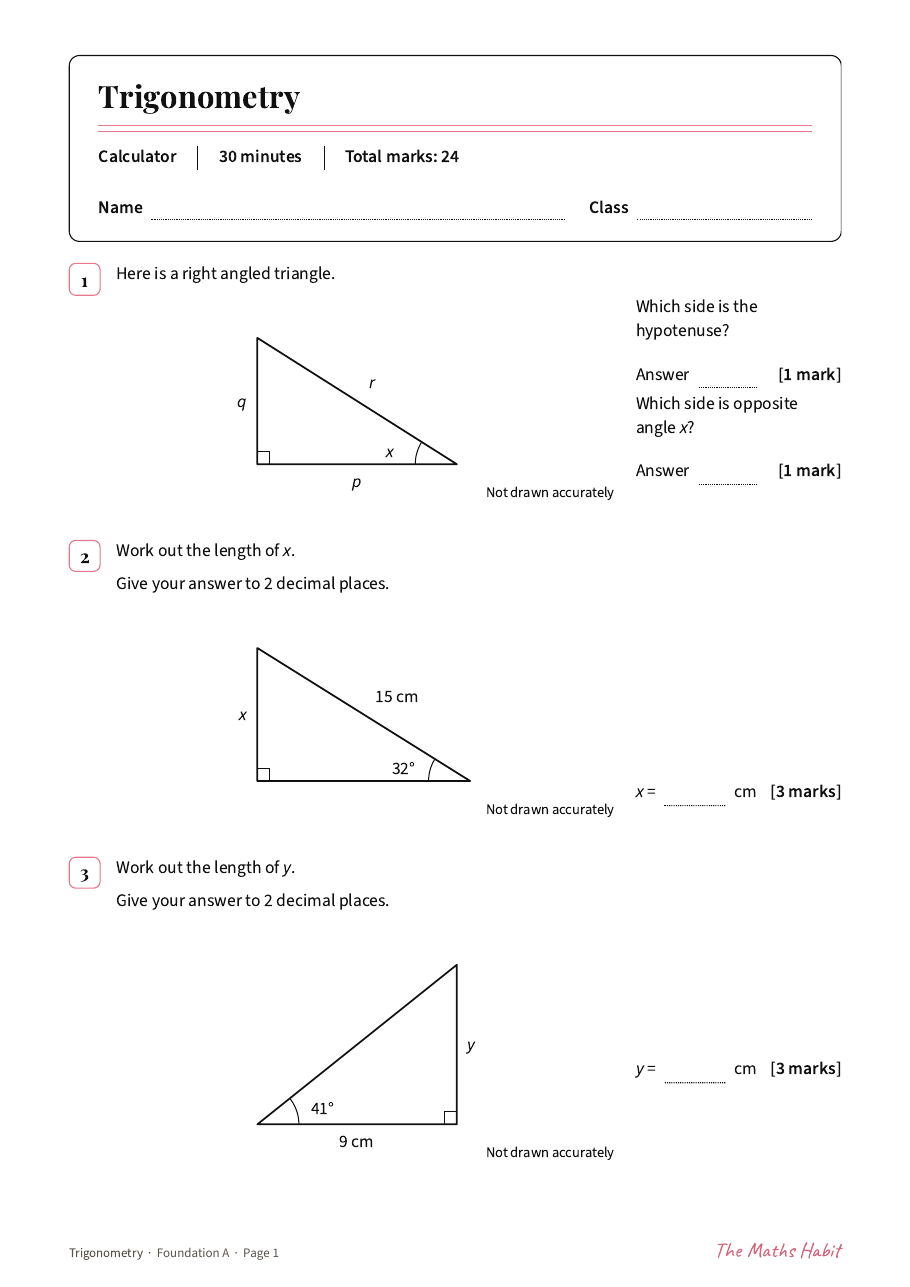 Trigonometry test: Foundation A, first page