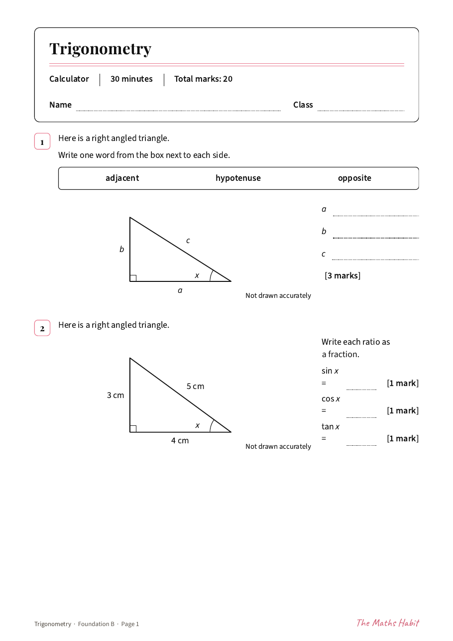 Trigonometry test: Foundation B, first page