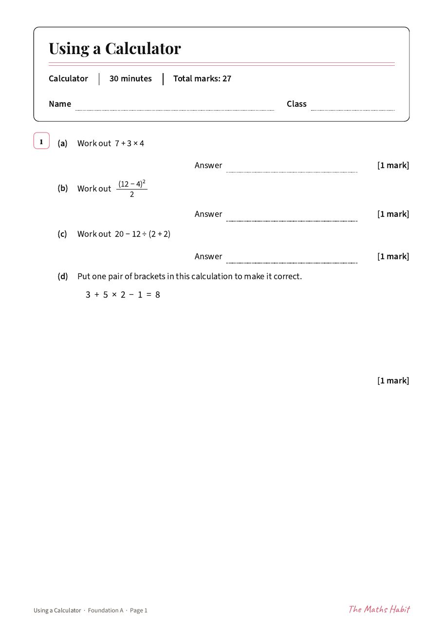 Using a calculator test: Foundation A, first page