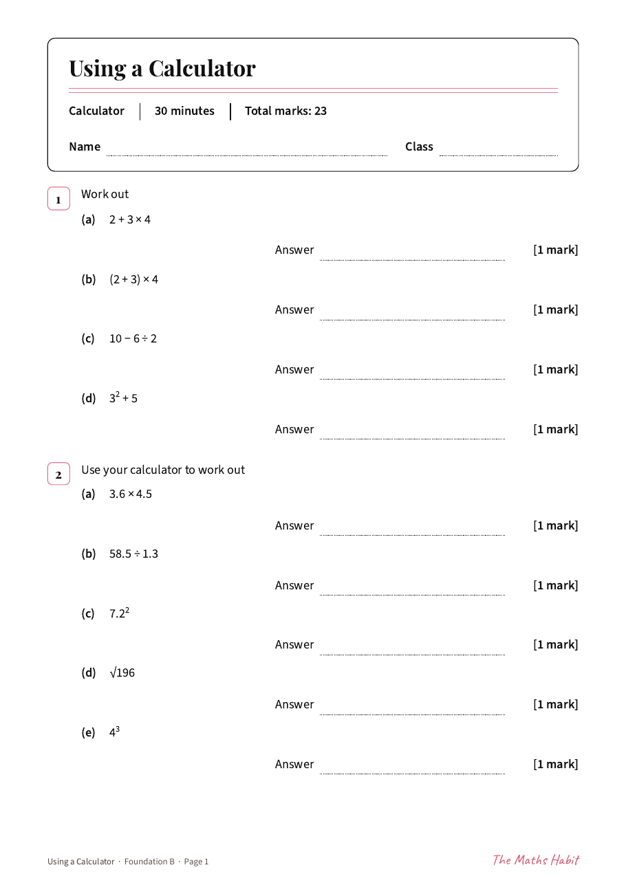 Using a calculator test: Foundation B, first page