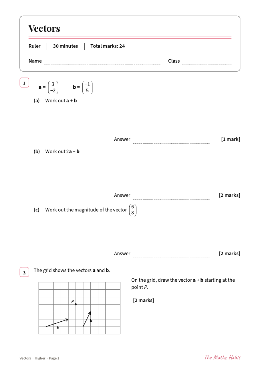 Vectors test: Higher, first page