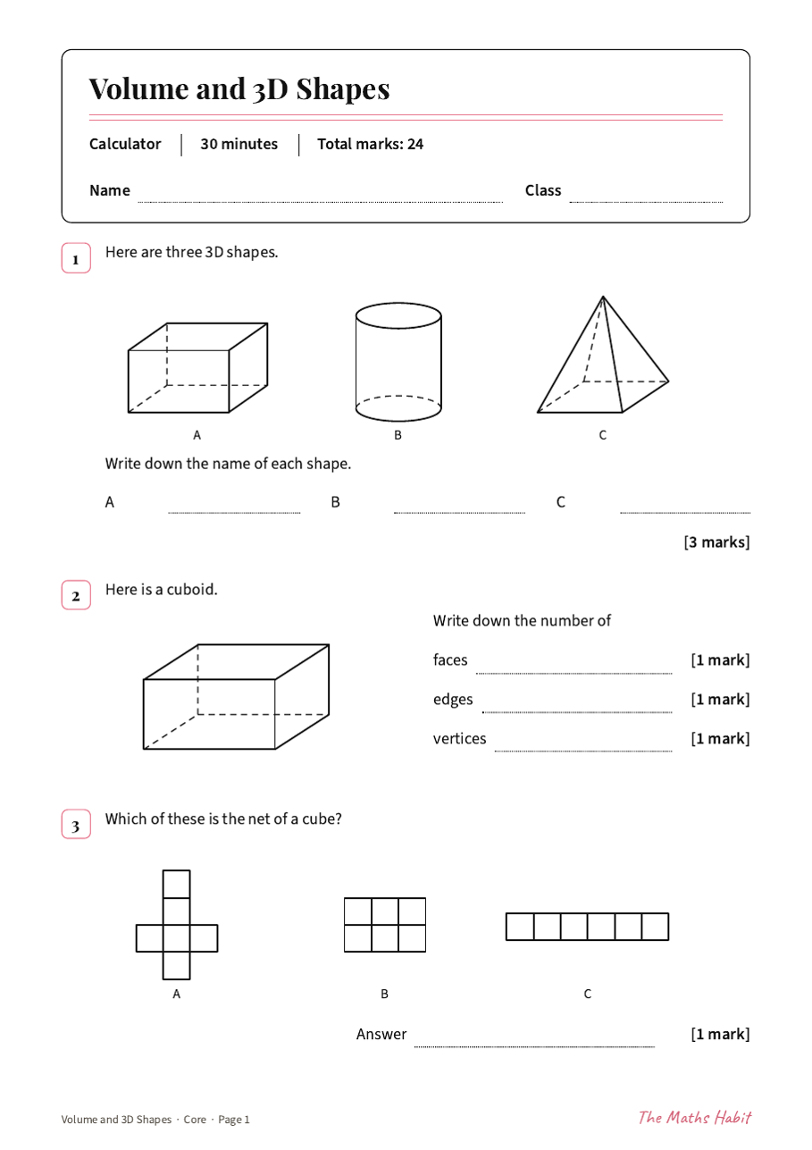 Volume and 3D shapes test: Core, first page