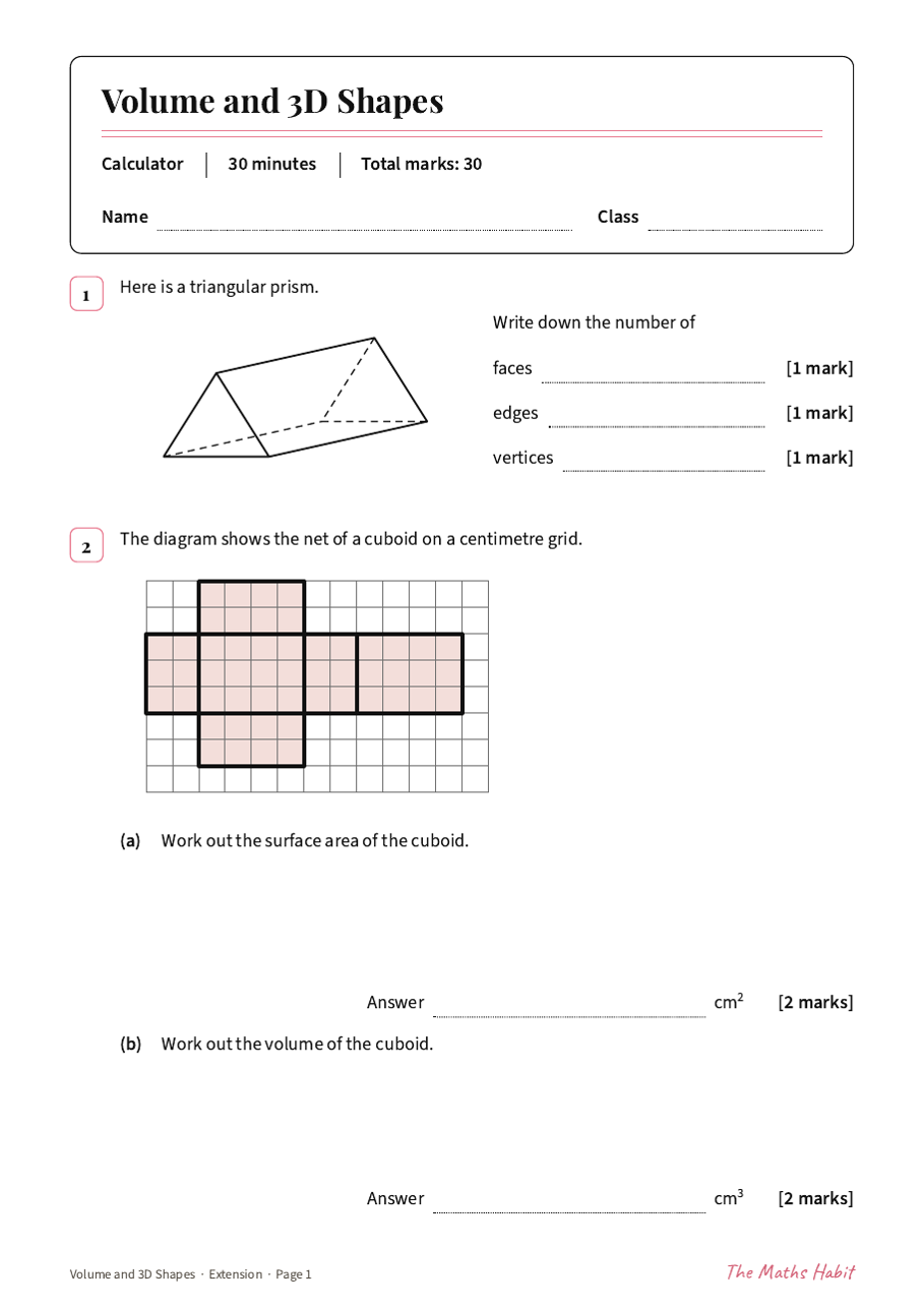 Volume and 3D shapes test: Extension, first page