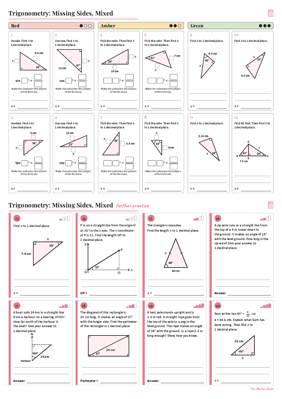 Trigonometry: missing sides, mixed, first page