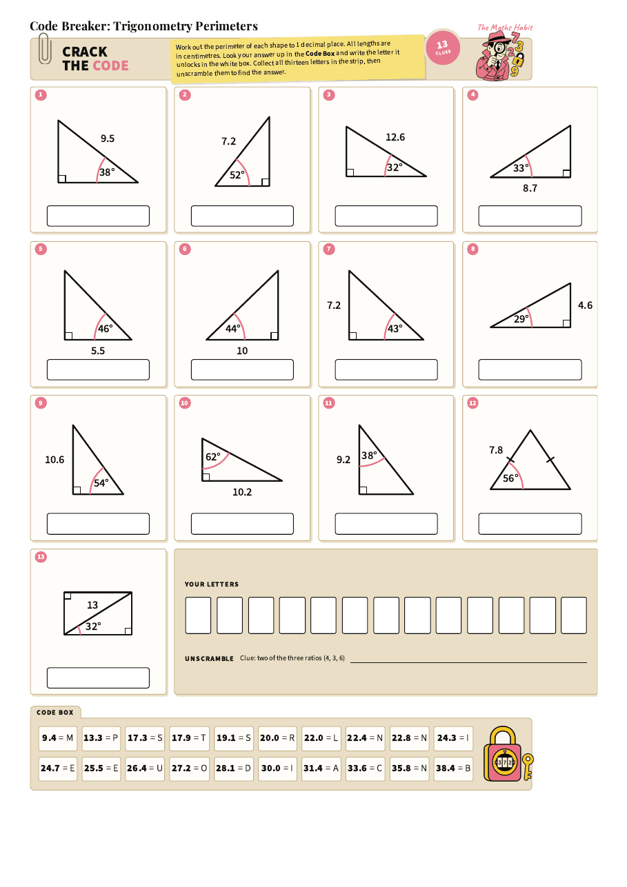 Trigonometry perimeters: code breaker, first page