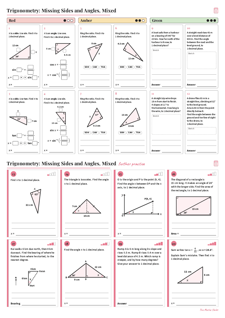Trigonometry: missing sides and angles, mixed, first page