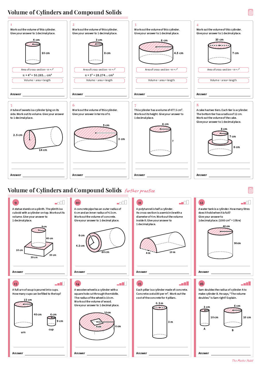 Volume of cylinders and compound solids, first page